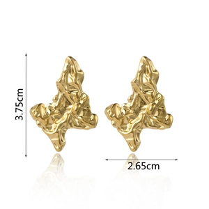 Detailed view of gold irregular crinkled metal earrings with size 3.75cm height measurement