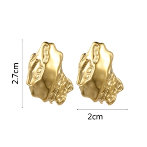 Detail shot of irregular gold titanium steel earrings showing 2.7cm height and 2cm width
