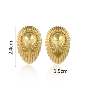 Detailed view of gold pleated titanium earrings with dimensions 2.4cm by 1.5cm