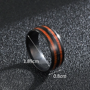 Macro shot of 8mm black stainless steel ring with wood grain inlay and size dimensions