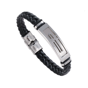 Men's vintage braided black leather bracelet with stainless steel cross metal plate