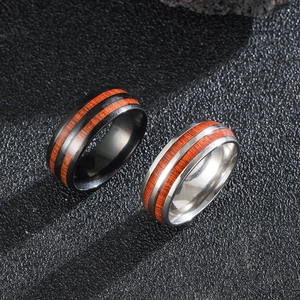 Vintage Men Stainless Steel Ring With Double Row Wood Grain Inlay Retro Band Jewelry For Daily Wear