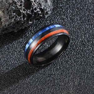 Men's Vintage Stainless Steel Ring Wood And Faux Opal Inlay Black Band Industrial Style Geometric Jewelry Finger Ring Gift