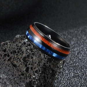 Brushed black titanium men ring with wood inlay and blue opal-like texture design
