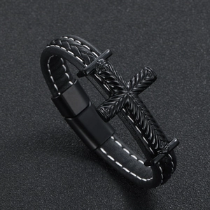 Men's punk cross braided leather bracelet with magnetic buckle in all black finish