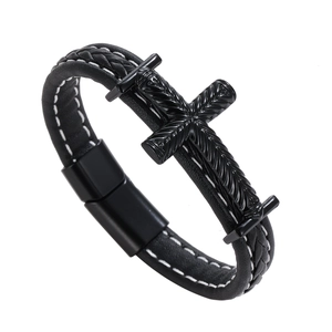 Men's punk cross braided leather bracelet with black magnetic clasp on white background