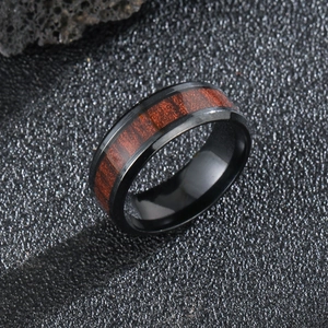 Stainless Steel Ring With Wood Inlay Black Band Wide Vintage Punk Style Jewelry For Men