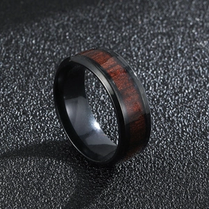 Men's punk style black stainless steel ring with red-brown wood grain inlay design