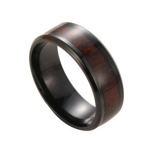 Polished black stainless steel ring with red wood grain inlay for men's fashion