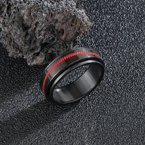 Herrenring aus schwarzem Titanstahl mit rotem Baseball-Nahtmuster, drehbares Design