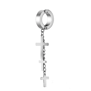 Gothic stainless steel chain earrings with triple cross pendants on white background