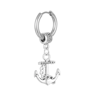 Vintage anchor pendant earring for men in silver stainless steel with geometric patterns