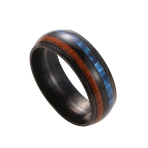 Titanium ring with walnut wood and blue opal inlay on a black plated band for men
