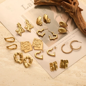 French retro style gold plated titanium steel pleated earrings in irregular geometric designs