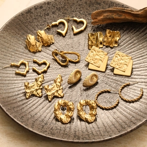 Retro French titanium steel wrinkled gold earrings set with irregular geometric designs