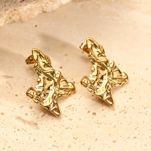 Vintage gold pleated texture titanium steel earrings with irregular molten metal design