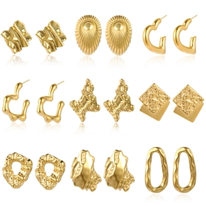 Set of minimalist vintage gold-plated pleated titanium steel earrings in irregular shapes