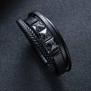Multilayer braided leather men's bracelet with black marble accent and magnetic clasp