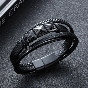 Men Multi-Layer Braided Leather Bracelet With Alloy Magnetic Buckle Faux Marble Turquoise Blocks Punk Vintage Wristband