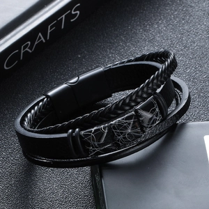 Men's multilayer black braided leather bracelet with marble beads and magnetic buckle