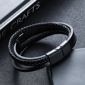 Modern black multi-layer braided leather bracelet for men with matte metal magnetic clasp
