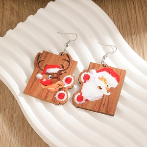 Christmas Wood Drop Earrings Santa Claus And Reindeer Cartoon Printed Holiday Party Novelty Alloy Hook For Women