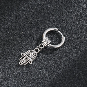 Boucle D'oreille Créole Avec Pendentif Main De Hamsa En Acier Inoxydable Argent Vintage Style Punk Hip Hop