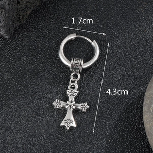 Detailed view of vintage silver cross earring with measurements showing 4.3cm length