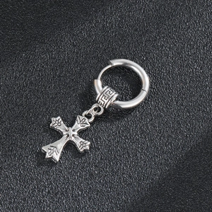 Cross Pendant Hoop Earrings Stainless Steel Embossed Pattern Retro Punk Hip Hop Street Style Jewelry For Men Women