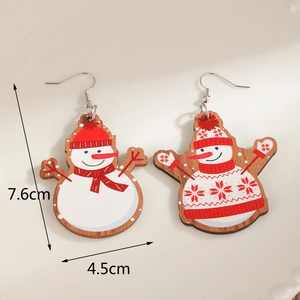 Detailed size view of festive wooden snowman earrings with red and white painted motifs