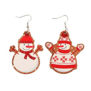 Festive Christmas snowman wooden earrings with red scarves and metal hooks on white background
