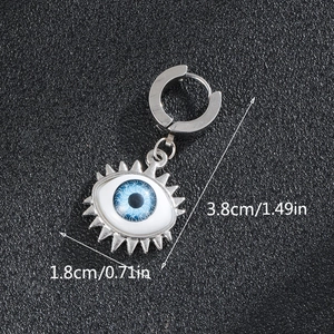 Detail view of Evil Eye stainless steel earring with dimensions 3.8cm height and 1.8cm width