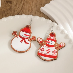 Creative wooden Christmas snowman earrings with festive red scarves and silver hooks