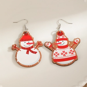 Festive Christmas wooden snowman earrings with red scarf details on white surface