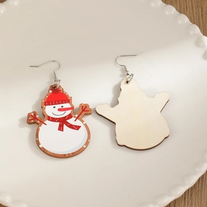 Handcrafted wooden snowman Christmas earrings displayed on a white ceramic plate