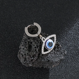 Vintage stainless steel evil eye hoop earrings with blue enamel and white crystals