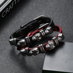 Punk style skull leather bracelet in black and dark red with vintage silver alloy accents