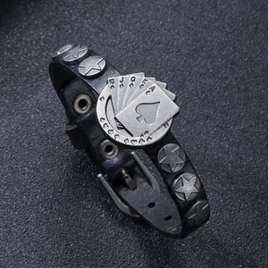 Punk Rock Leather Bracelet Poker Royal Flush Spades Alloy Star Rivets Adjustable Hip Hop Wristband Retro For Men Women