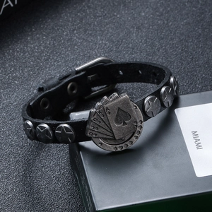 Punk style black leather bracelet with vintage silver alloy poker ace and star rivets