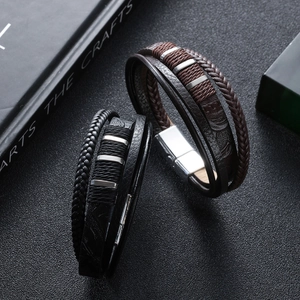 Woven Multi Layer Bracelet Genuine Leather With Alloy Magnetic Buckle Vintage Punk Cuff Jewelry For Men