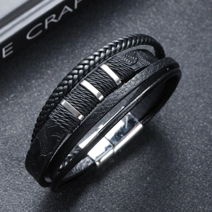 Multi-layer black braided leather bracelet for men with silver magnetic metal clasp