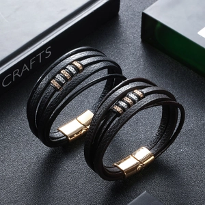 Multilayer leather bracelet set for men with magnetic gold clasp and metal beads