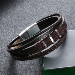 Men's multilayer leather bracelet with braided strands and magnetic steel clasp