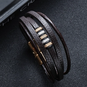 Braided multi-layer dark brown leather bracelet with magnetic gold clasp and crystal charms