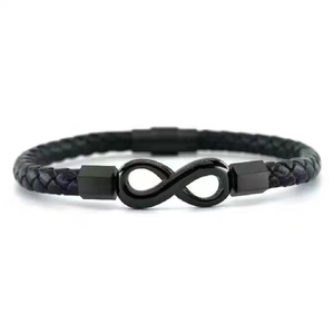 Men's black braided leather infinity bracelet with matte black magnetic metal buckle