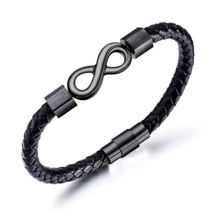 Men's black braided leather infinity bracelet with matte magnetic clasp on white background