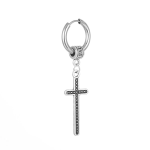 Punk style silver stainless steel cross earrings with greek key bead on white background