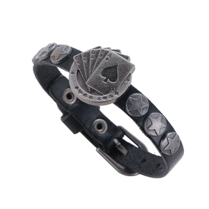 Retro punk leather bracelet featuring a vintage metal poker flush and star rivets design