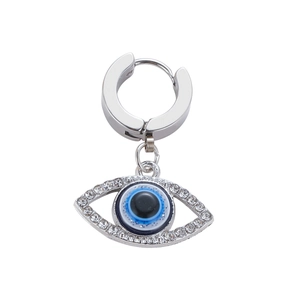 Silver stainless steel evil eye huggie earring with blue stones and zircon inlay