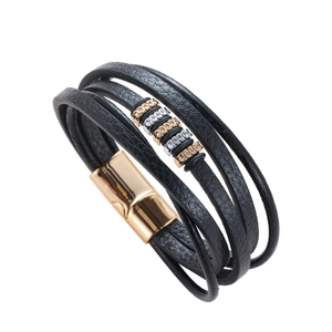 Men's multi-layer black braided leather bracelet with silver accents and gold magnetic clasp